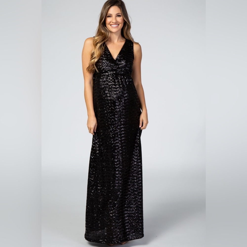 PinkBlush Women’s Black Sequin V-Neck Sleeveless Maternity Evening Gown Sz Small